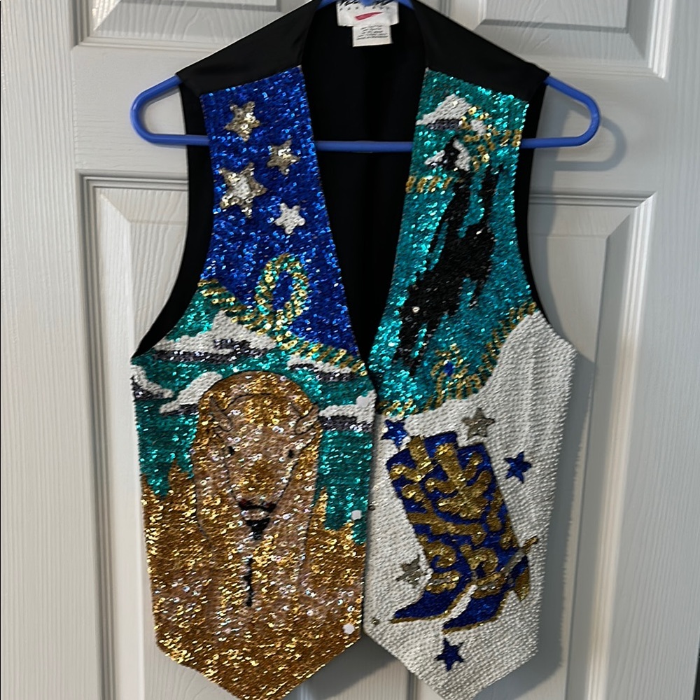 Gold, White, and Blue Sequin Rodeo-Themes Vest for Special Occasions